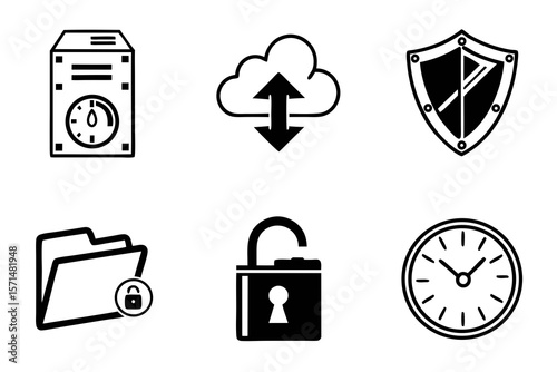 Six data security and networking icons isolated on white background