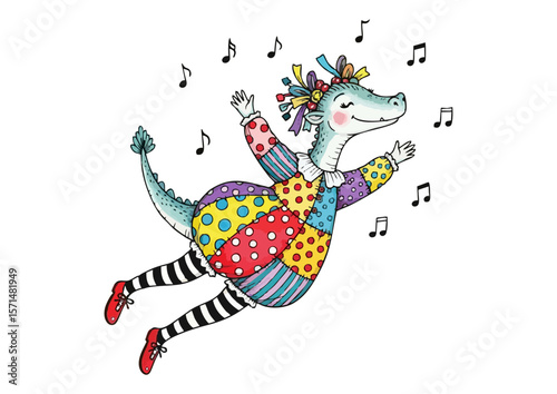 Cheerful dinosaur dancer performing joyfully on a white background with musical notes
