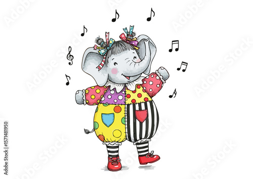 Cheerful elephant dancer performing joyfully on a white background with musical notes
