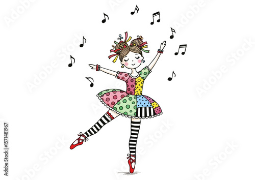 Joyful girl dancer performing ballet on a white background with musical notes