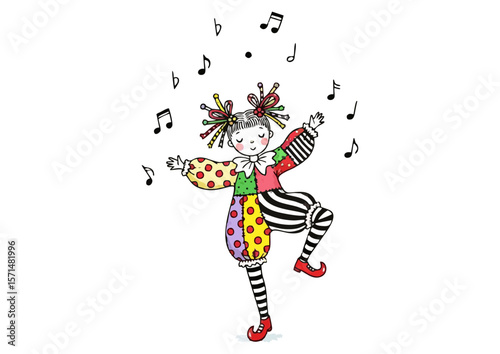 Joyful clown dancer performing on a white background with musical notes