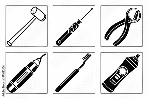 Dental tools and equipment isolated on white background in black and white