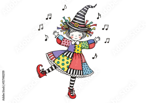Joyful witch dancer performing on a white background with musical notes