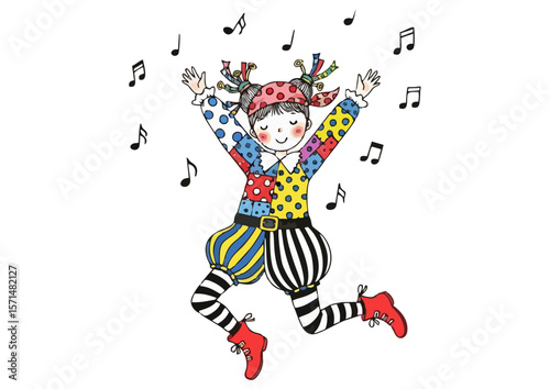 Joyful clown dancer leaping on a white background with musical notes