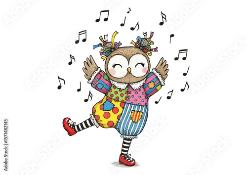 Happy owl dancer performing cheerfully on a white background with musical notes