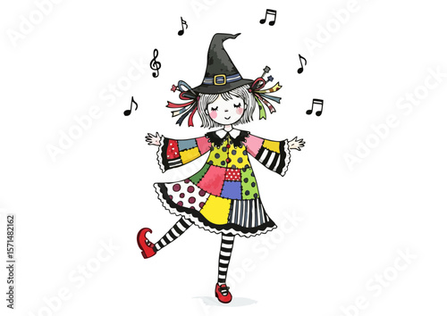 Cheerful witch dancer performing joyfully on a white background with musical notes