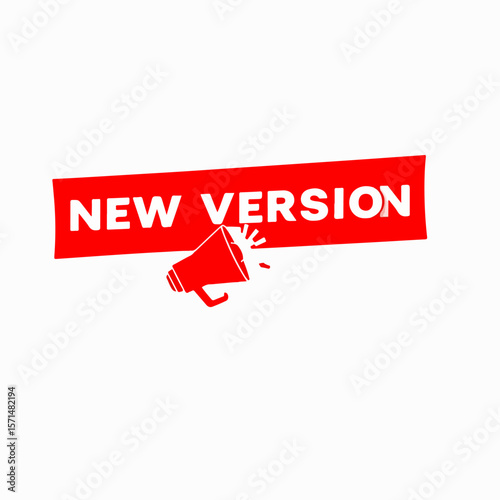 Vibrant red banner announcing a new version with bold text isolated on white background