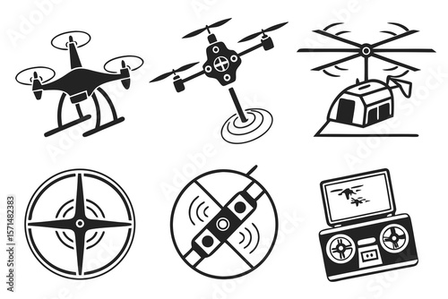 Drone and helicopter icons with remote controls are displayed