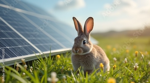 Hare in green grass with dandelions sitting near solar panel. Rabbit near solar panels in the after.