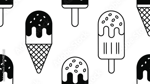Delightful repeating pattern featuring various ice cream treats in a simple, minimalist black and white line design.