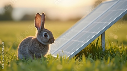 Photocells in the field to store energy. A gray little hare sits near the solar panel.