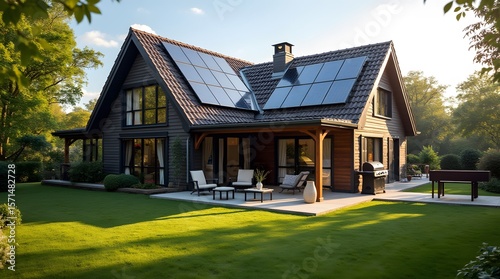 photovoltaic panels on the roof of a luxury house with a beautiful facade and territory of the house. Saving and conservation of solar energy in a private house.