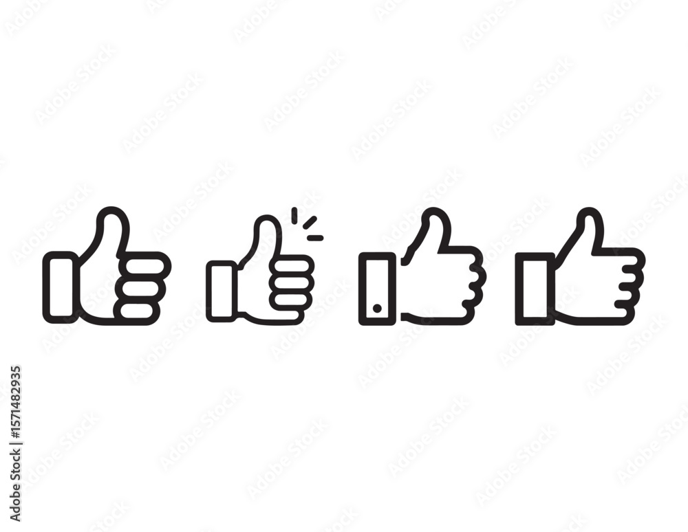 Obraz premium Collection of four different black outline thumbs up icons isolated on white background