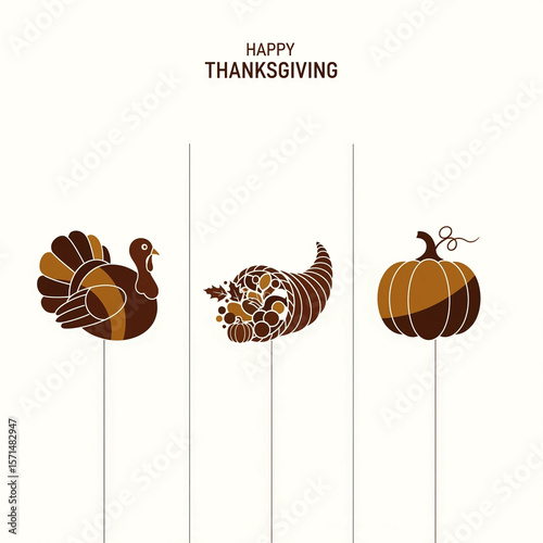 Minimalist Brown Cream Illustrations Thanksgiving Symbols Turkey Cornucopia Pumpkin Plain Light Background Happy Thanksgiving Vertical Arrangement
