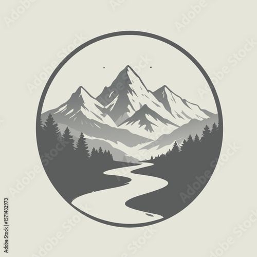Scenic mountain range with a winding river evokes nature and adventure in a minimalist circular design ideal for branding and logos.	