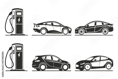 Black and white icons of electric cars and charging stations