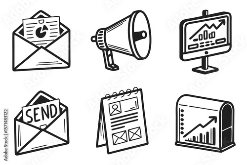 Black and white email marketing and business icons isolated