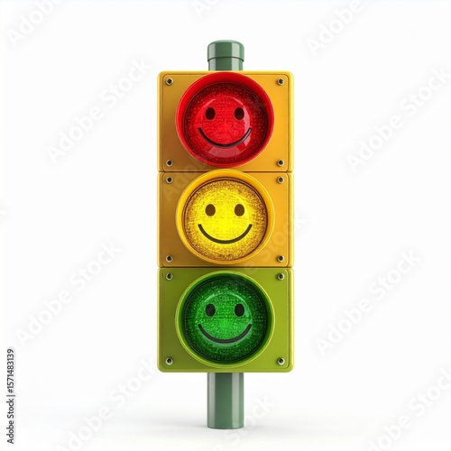 Traffic Light With Smiley Faces On White Background