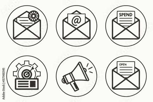 Black and white email marketing and business strategy icons