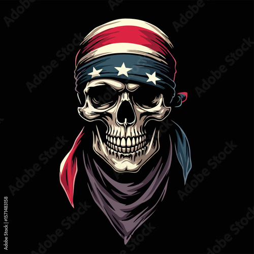 Biker vector t-shirt design with human skull
with usa flag bandana on black background.
Fashionable american print for fabric, paper, men clothing,
hoodie, jacket. T shirt template.