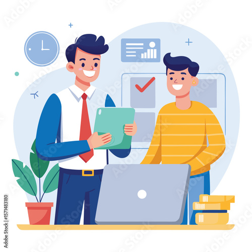 Two smiling colleagues discussing project goals and planning on a laptop computer