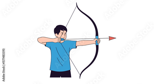 A young person focused on aiming an arrow with a bow and arrow at a target during sports activity