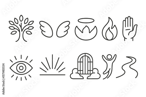 Spirituality and religion outline icon set. faith, meditation, peace symbols collection.