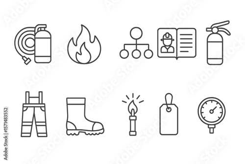 Fire safety equipment line icon set. protective gear, firefighting essentials outline