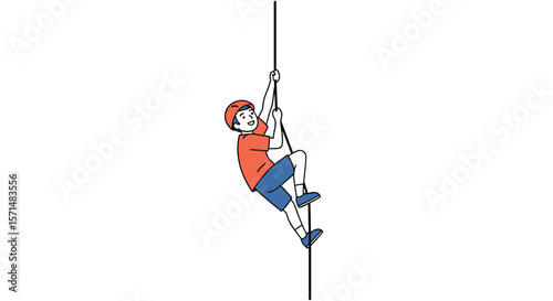 Young boy wearing a helmet and casual clothes actively climbing a tall vertical rope with determination and focus during a challenging outdoor activity