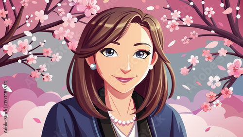 Her eyes sparkle subtly, lips curved in a quiet smile. The black cardigan hugs her shoulders, while pink and white blossoms behind her whisper softness into the peaceful studio composition.