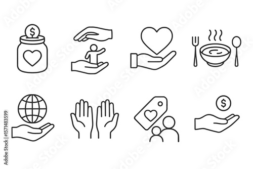 Charity, donation line icon set. fundraising, volunteer icons outline style collection