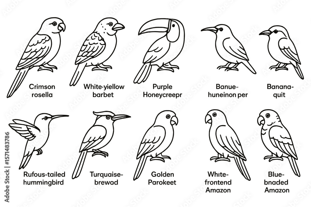 Fototapeta premium Birds line icon set. parrot, toucan, songbird, hummingbird outline collection