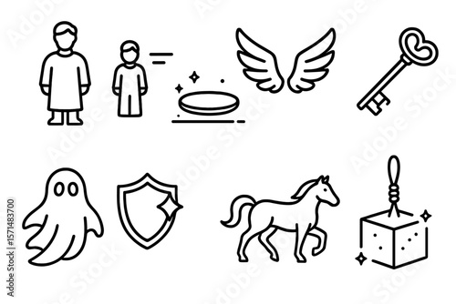 Fantasy outline icon set. wings, ghosts, keys, shields, horses, and more