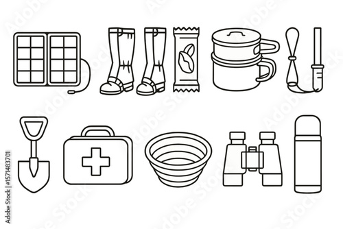 Camping essentials outline icon set. gear, hiking, survival outlined collection