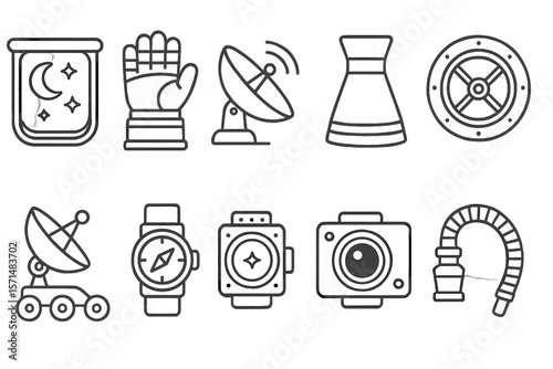 Space exploration outline icon set. astronaut, rocket, and satellite icon collection