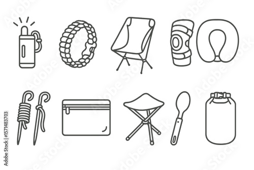 Camping, hiking line icon set. adventure, outdoor gear icons for travelers