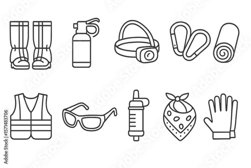 Camping and hiking equipment outline icon set featuring essential outdoor gear