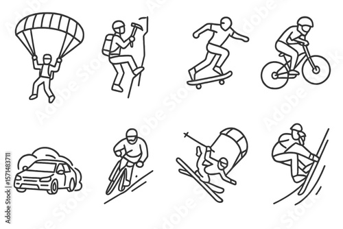 Adventure sports icon set. climbing, skateboarding, cycling outline collection