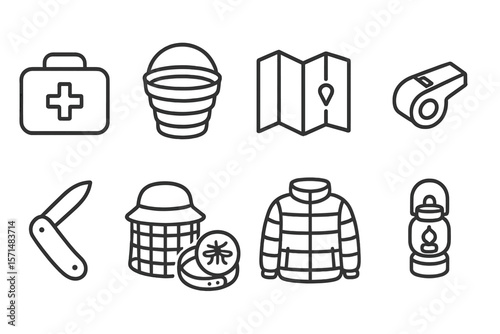 Camping essentials line icon set. outdoor, hiking, survival gear outline collection