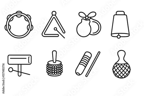 Musical instruments outline icon set. tambourine, maracas, triangle collection