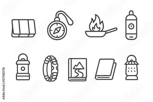 Camping and outdoor line icon set. hiking, adventure tools in linear style