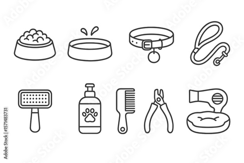 Pet care essentials icon set. grooming, feeding, accessories outline collection