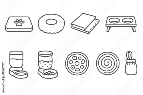 Pet care line icon set: accessories, food, and grooming essentials in linear style
