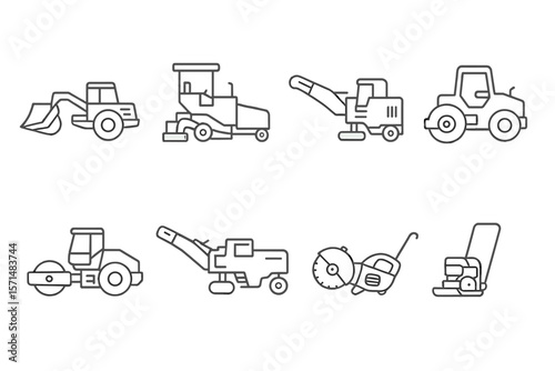 Construction equipment line icon set. machinery, tools for industrial projects