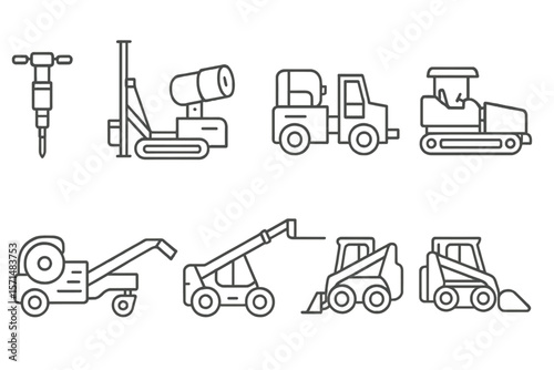 Construction, engineering line icon set. heavy equipment, machine outline pack