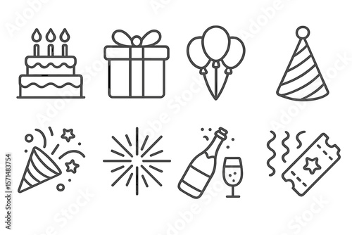 Birthday, celebration line icon set. party, cake, gift, balloon outline collection
