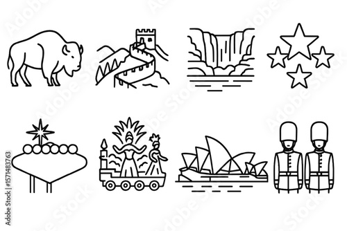 Landmark, nature outline icon set. famous world landmarks and natural icons collection