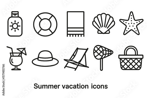 Summer vacation icon set. beach and travel essentials outline style collection