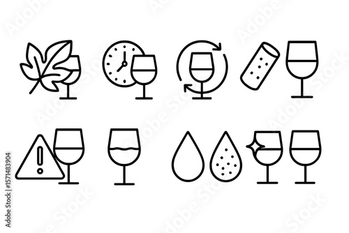 Wine tasting line icon set. leaf, clock, bottle, caution symbols line collection