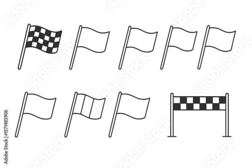 Racing flag linear icon set. finish, start, victory symbols in outline style